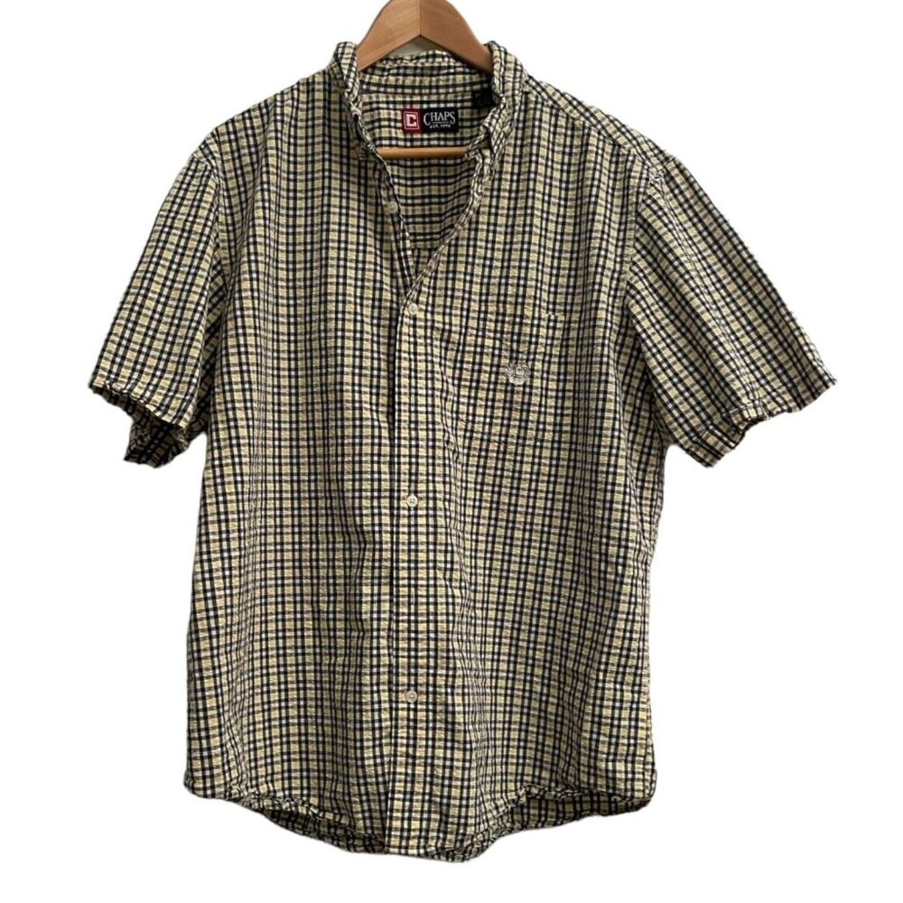 Chaps Men's Flannel White, Yellow, Navy Button Down Shirt, Short Sleeve XL